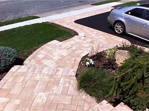 travertina split level nicolock stoop steps patio planter wall apron asphalt driveway brick pavers